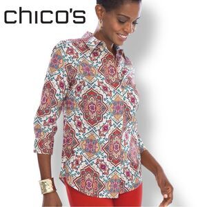 Chico’s Blouse Medallion Button Down Cotton 3/4 Sleeve No Iron | 3 (XL)